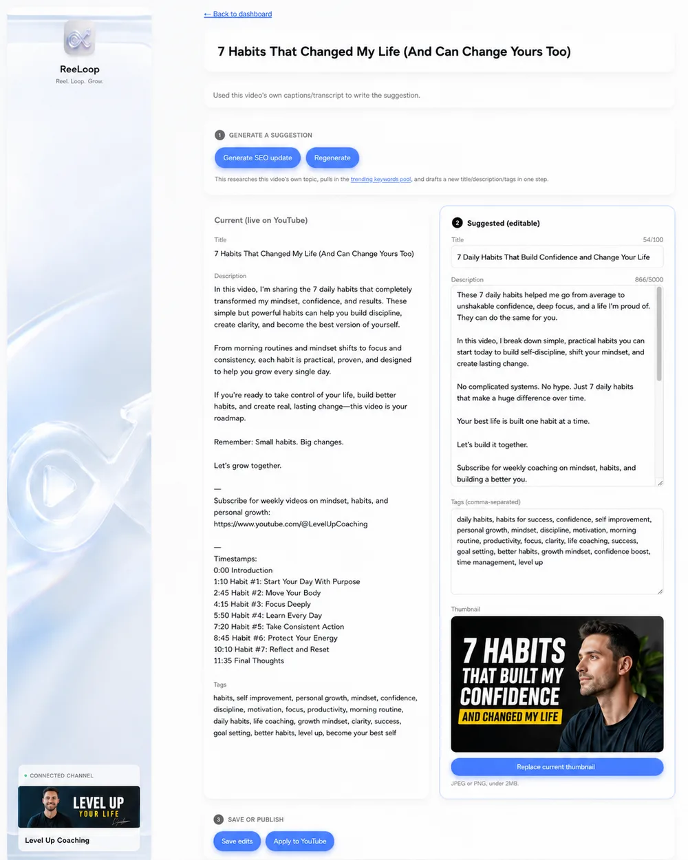 ReeLoop review screen showing an AI-generated YouTube title, description and tags with a one-tap Apply button